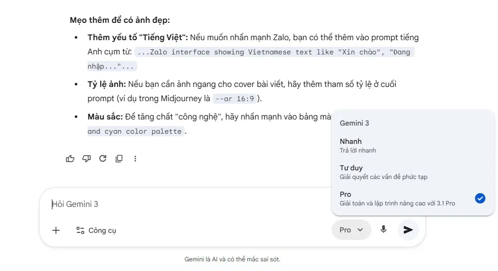 Giao diện chuyển đổi Model Gemini Free và Pro