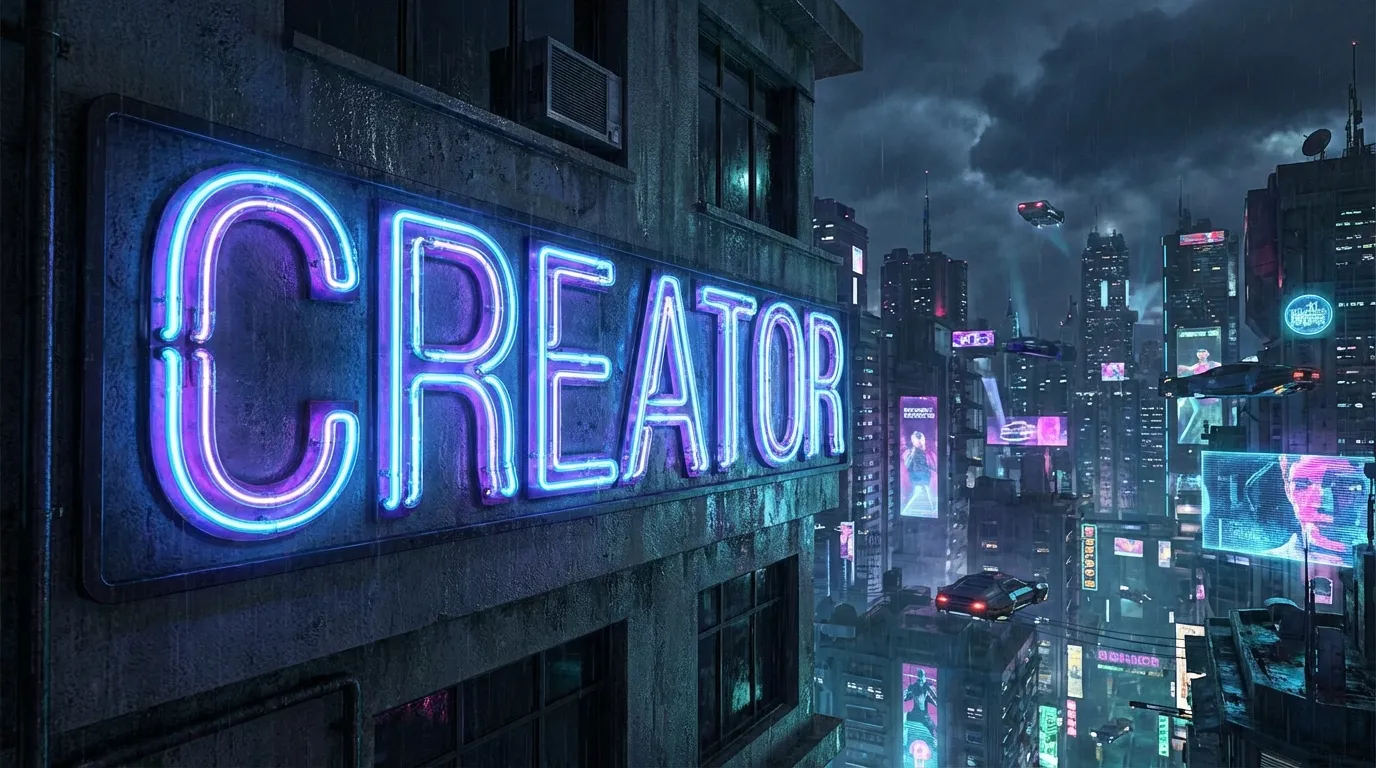 A neon sign displaying the word "CREATOR" accurately spelled, cyberpunk city background